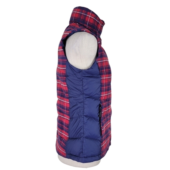 The North Face 700 Puffer Vest Women Size M Goose Down Zip Snaps Red Navy Plaid - Picture 3 of 14